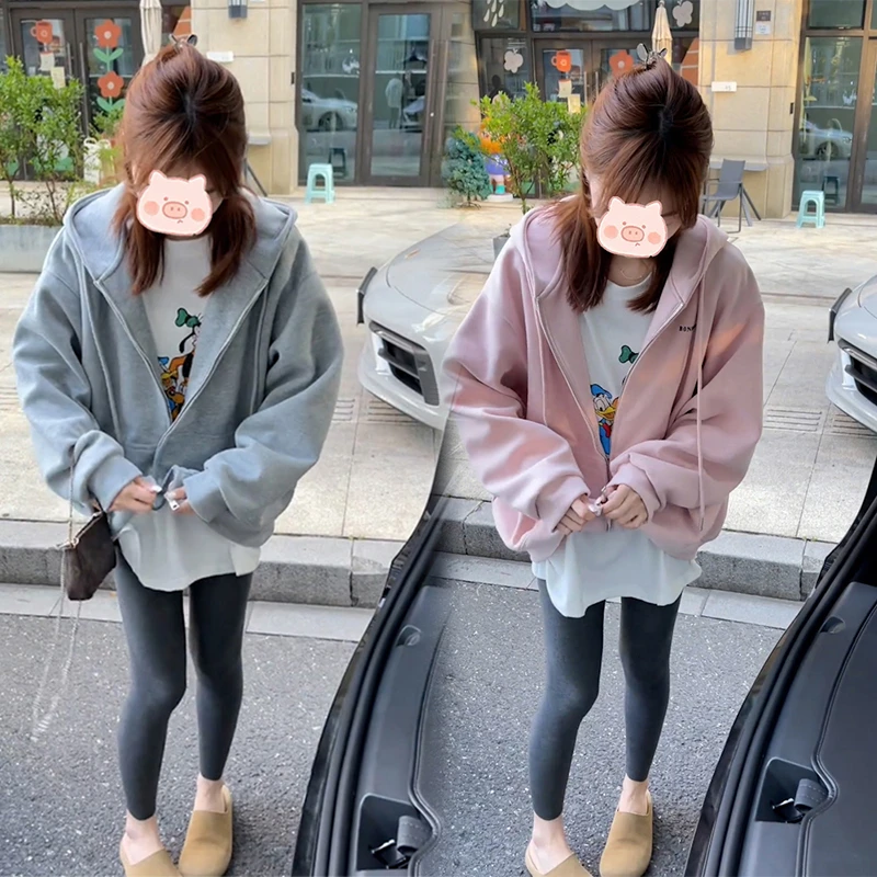 韩系纯色链接连帽卫衣开衫外套女2025秋冬新款宽松休闲百搭上衣潮