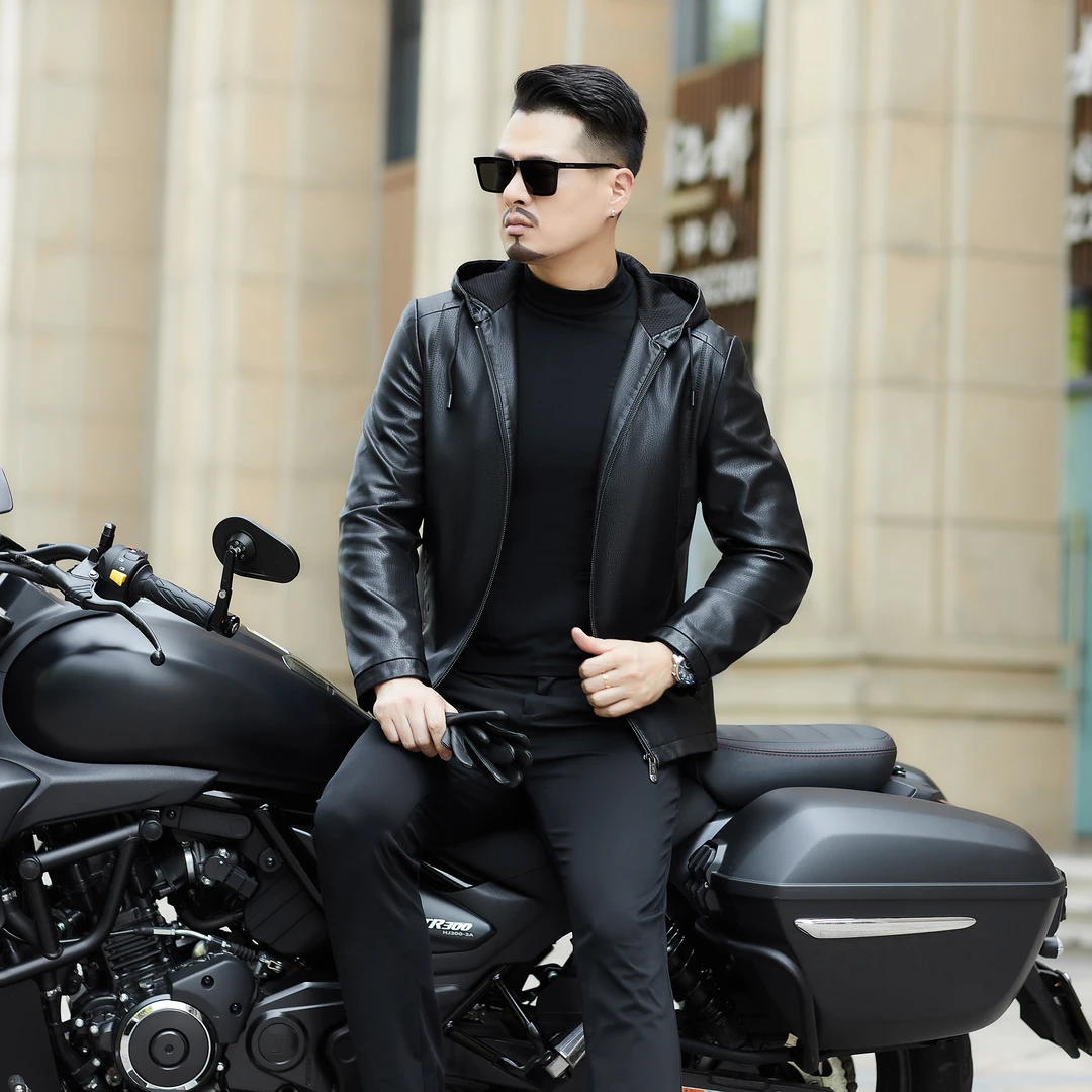 【海宁优选】 100%头层山羊皮高档商务休闲连帽保暖防风男士真皮衣