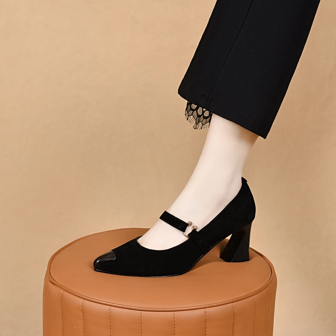 磨砂羊皮真皮浅口防水台高跟单鞋女粗跟春夏时尚一字带金属头女鞋