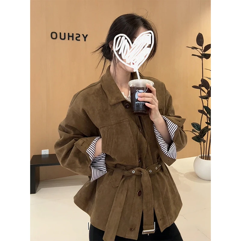 韩系复古格纹拼接系带收腰外套女秋冬新款复古质感夹克巨好看上衣