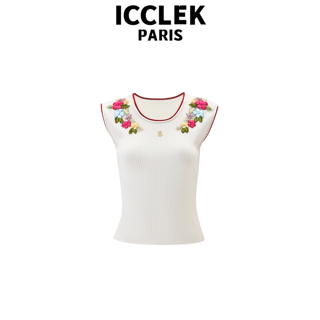 ICCLEK 白色圆领立体花朵针织无袖背心 百搭 时尚 -5602