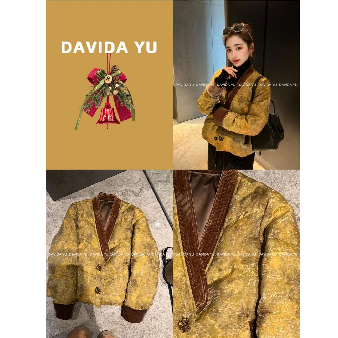 Davida Yu【金桔】V领手工扣鹅绒服保暖外套汉服氛围感年服 FC0022