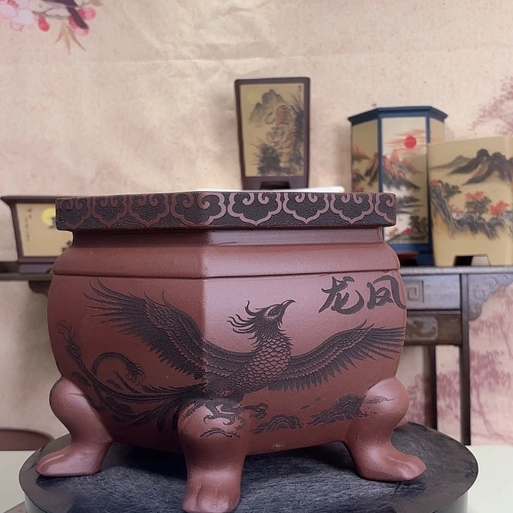 紫砂花盆龙凤呈祥