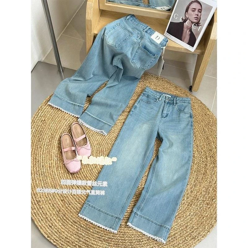 蕾丝花边九分直筒牛仔裤女春夏新款水洗浅色小个子百搭阔腿裤