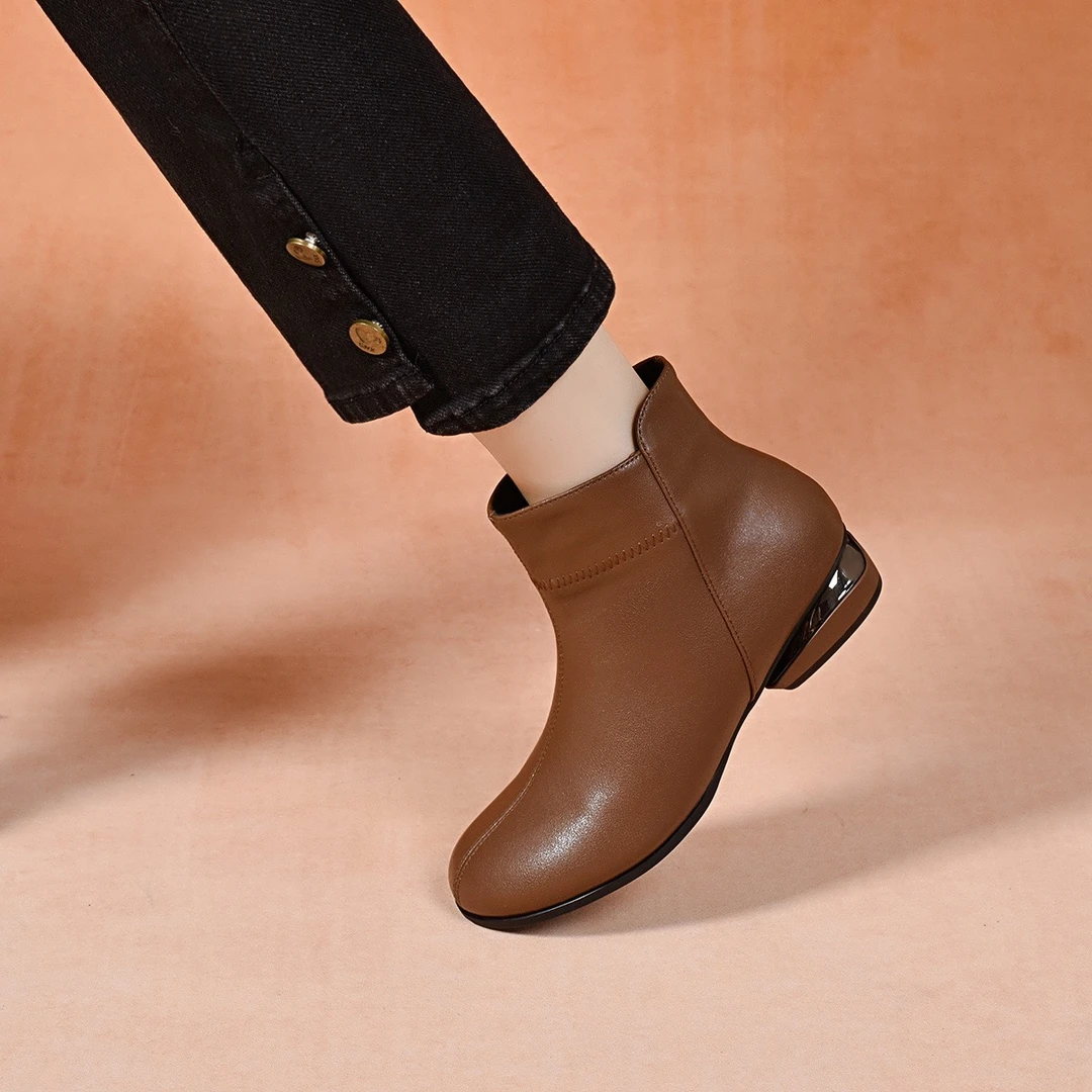 2025新款真皮小短靴女圆头软皮裸靴春秋单靴低跟冬季加绒平底棉鞋