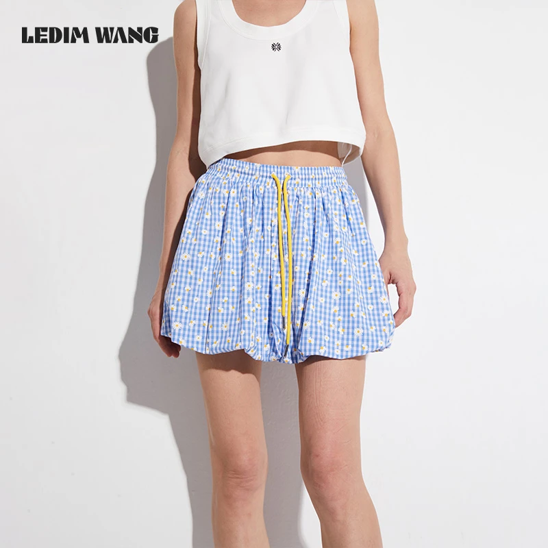 1LEDIM WANG【红标系列】雏菊格纹半身裙女夏2025新款纯棉蓬蓬裙