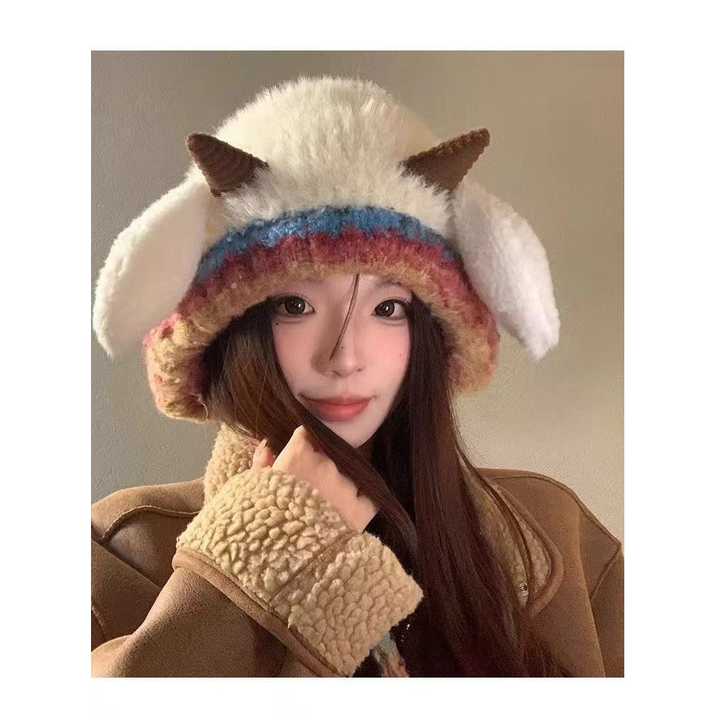 韩版亲子款可爱小羊毛绒帽子男女冬季保暖绑带针织护耳帽百搭套头