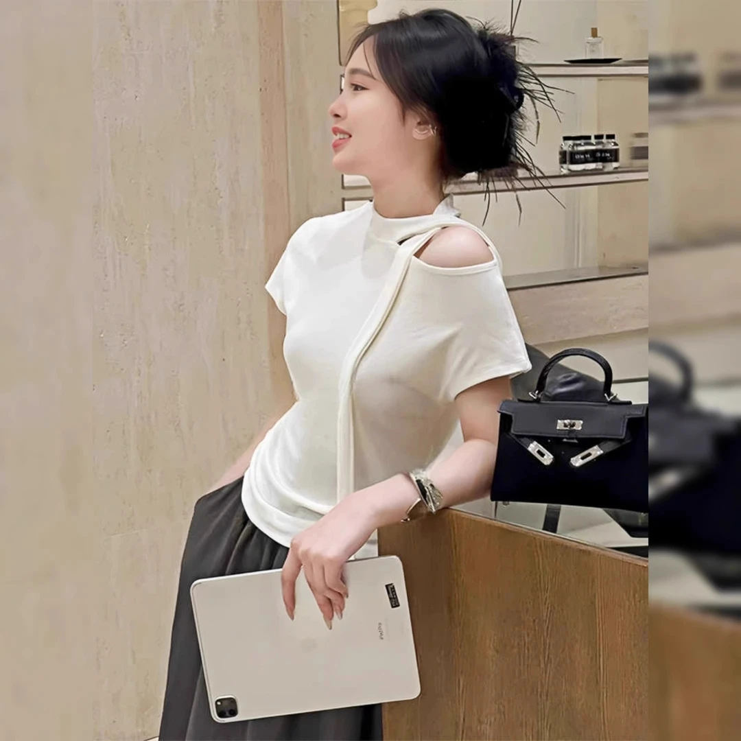 白色露肩短袖女t恤夏季2025新款爆款设计感纯欲独特漂亮初夏上衣