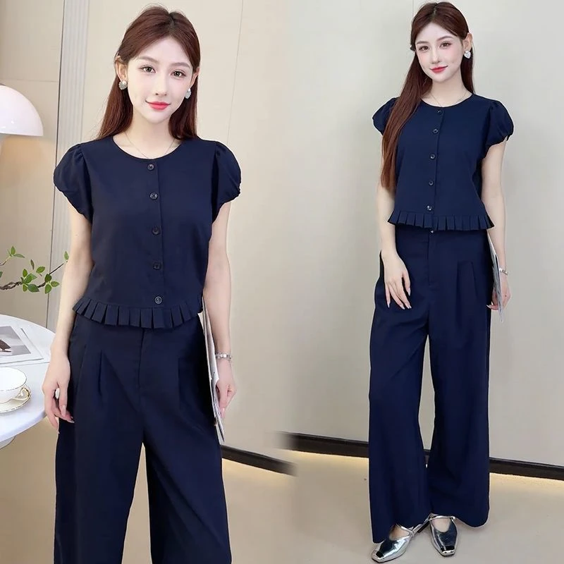 小个子百搭2025夏季新款木耳边无袖上衣直筒裤两件套休闲时尚套装