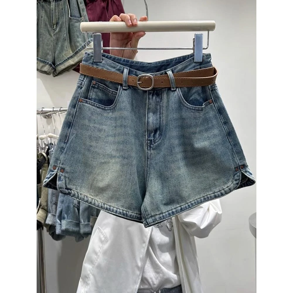 梨形身材复古蓝开叉牛仔短裤女夏大码胖mm高腰显瘦a字阔腿热裤潮