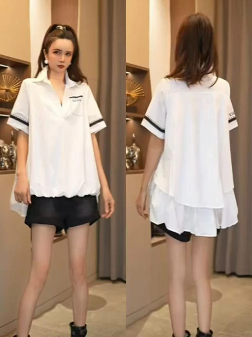 新款时尚宽松净色短袖斗篷衬衫