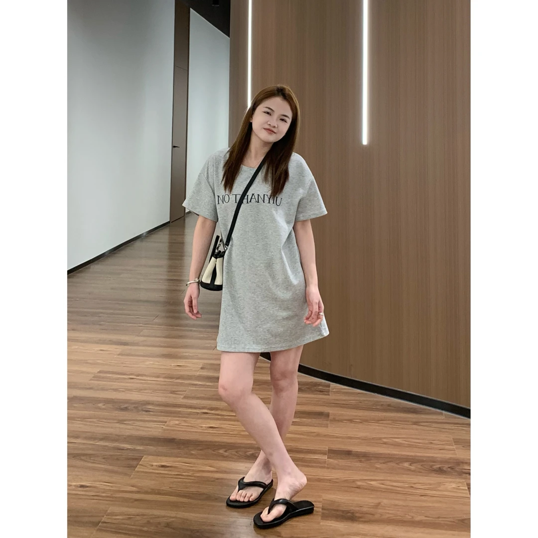 YO定制夏季慵懒百搭休闲宽松字母中长款T恤裙韩版简约短裙连衣裙