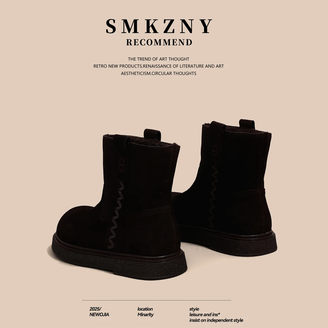 保暖雪地靴女2025年冬季新款复古休闲加绒圆头厚底增高百搭短靴子