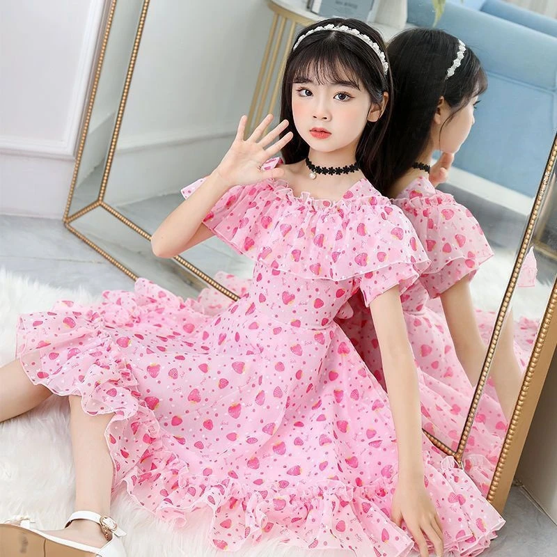 女童夏季短袖连衣裙中大童雪纺时尚甜美女孩新款碎花洋气公主裙子