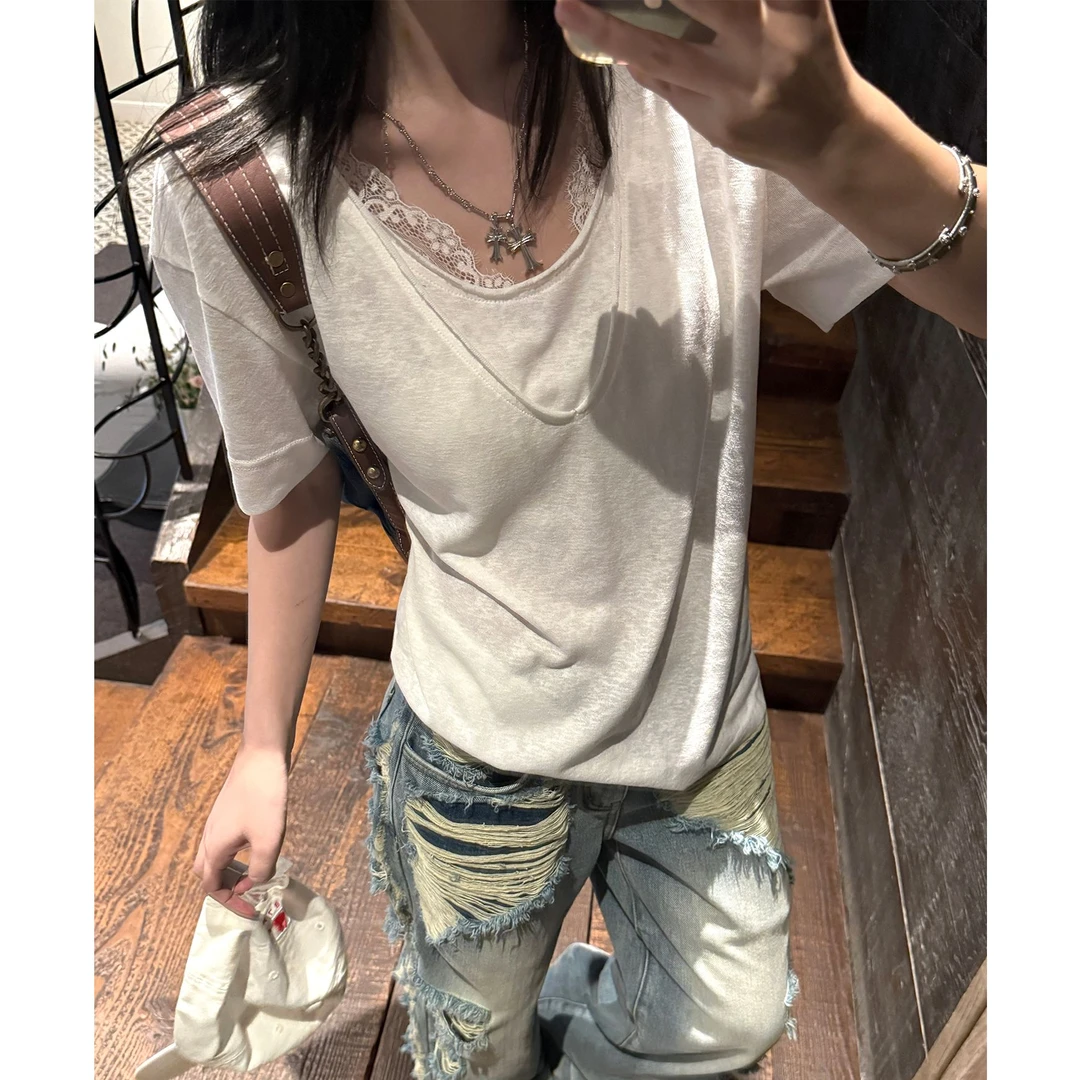 「全额运补」冰皮纸片tee设计感假两件V领短袖T恤女慵懒风宽松上衣