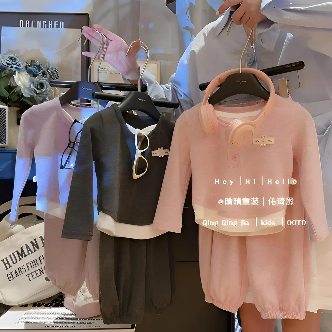 童套装慕斯绒假两件连帽打底衫阔腿裤两件套童装女童女宝春秋装