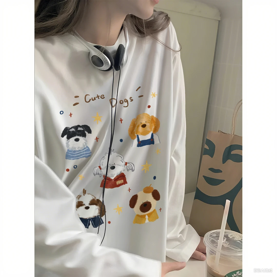 早秋新款趣味小狗印花纯棉长袖T恤女韩版时尚休闲百搭圆领上衣ins