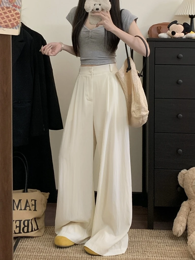 多巴胺薄款奶油显瘦高腰阔腿裤夏季新品宽松百搭洋气直筒裤AM8067