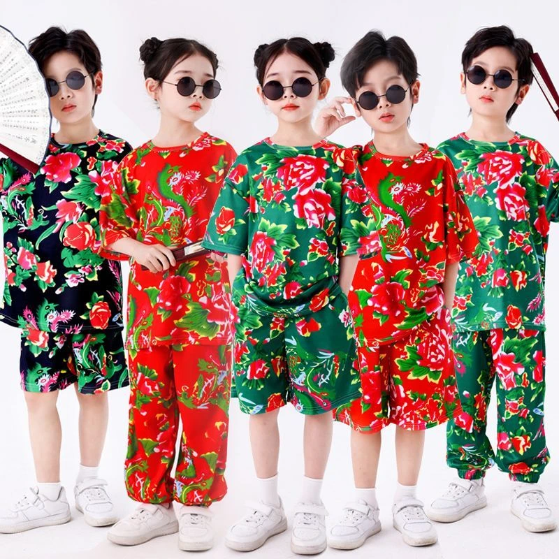 六一儿童夏装东北大花布时尚走秀街舞演出服潮小学生啦啦队表演服