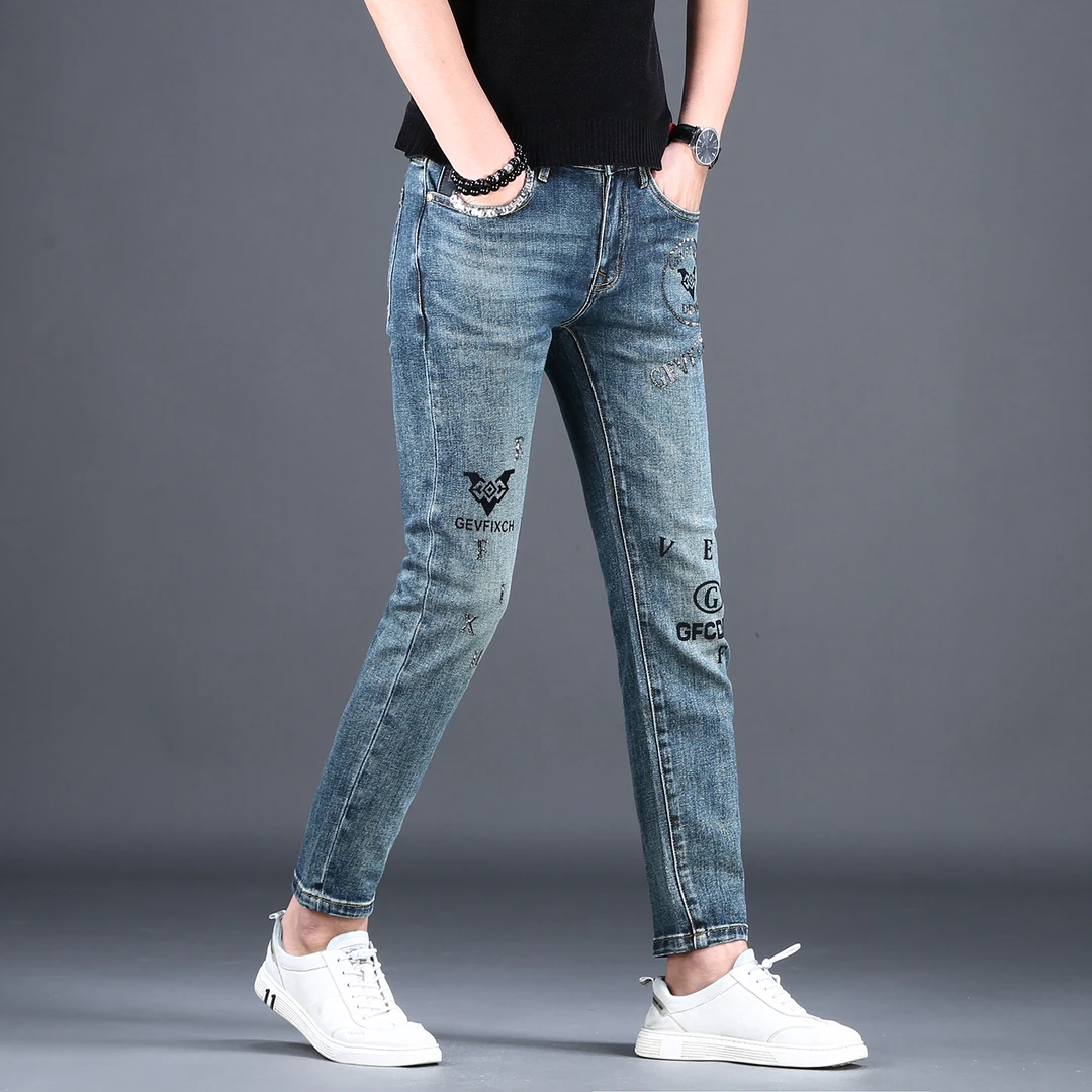 潮牌烫钻牛仔裤男款爆款2025新款修身小脚弹力九分裤男士秋冬款裤