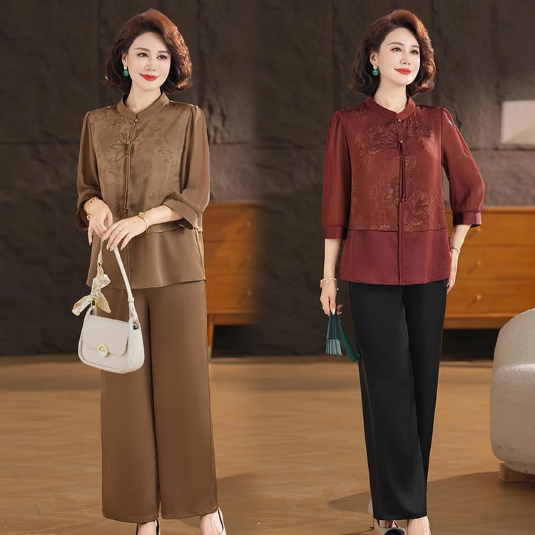 夏季新款中老年短袖复古印花套装宽松显瘦洋气妈妈装