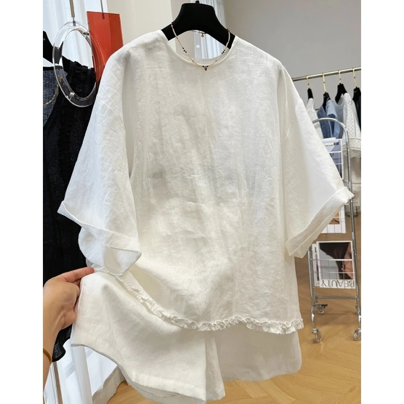K00377巨好看的夏装慵懒风亚麻套装大方得体短裤上衣穿搭女两件套