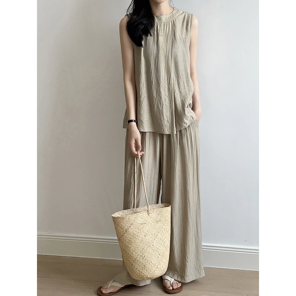 气质薄款无袖背心套装女 夏季褶皱衬衫阔腿裤两件套财阀千金 洋