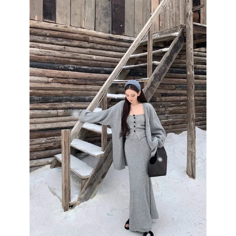 2025新款韩版高级感毛衣外套纯色半身裙女装秋季针织内搭套装长裙