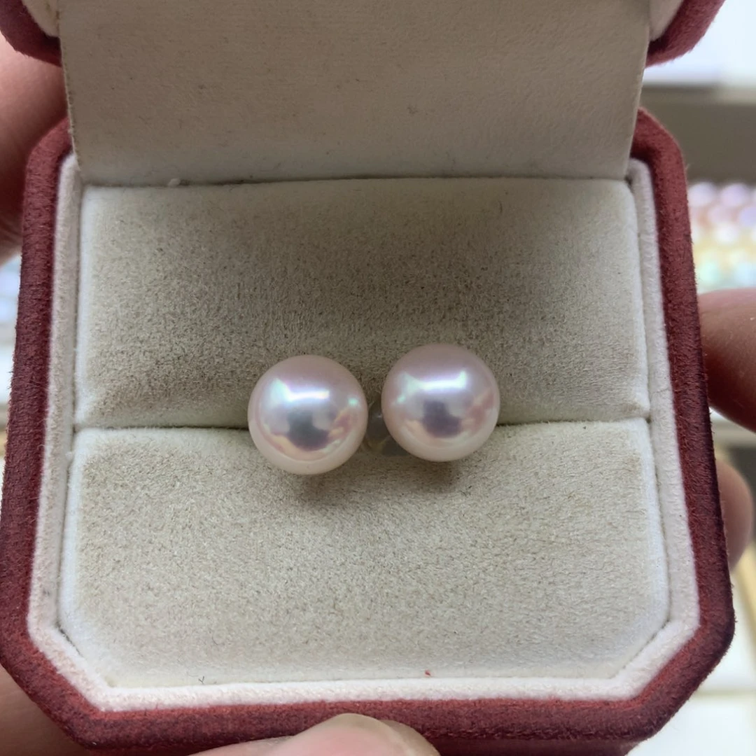 海水珍珠耳饰18K金镶嵌8.5-9akoya素钉