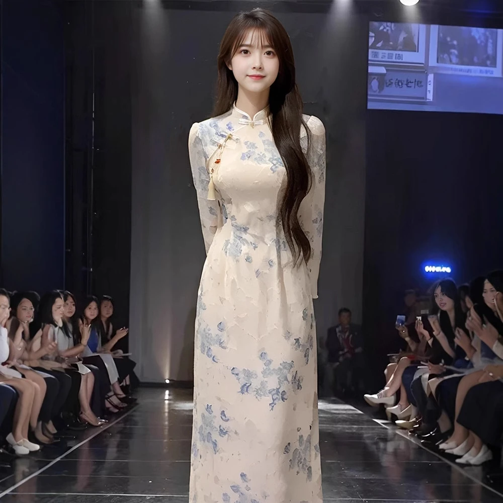 新中式国风【忆江南】复古禅意旗袍日常显瘦女秋提花长袖连衣裙