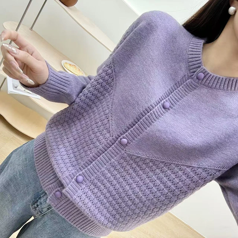 【靓依蔻】圆领针织衫女开衫春装新款时尚洋气宽松百搭毛衣外套长袖