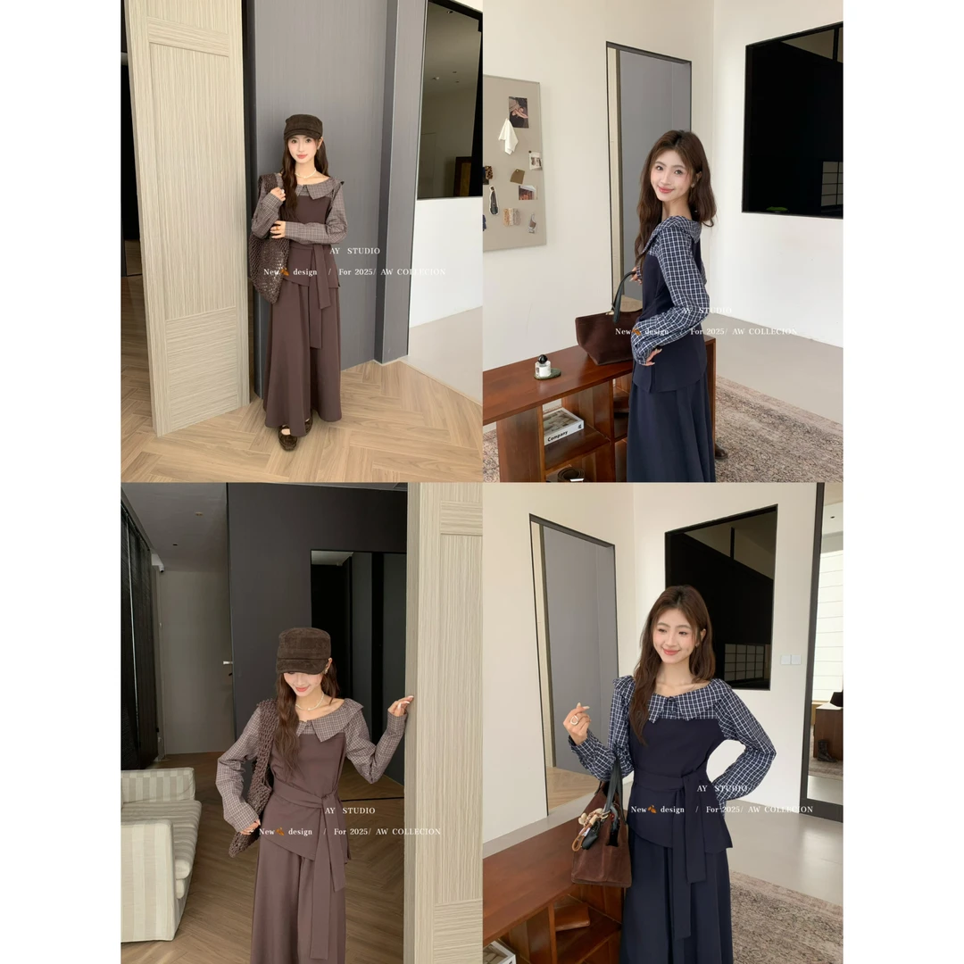 AY STUDIO-秋上新格子拼接假两件上衣小衫+中长半身裙套装LZ88216