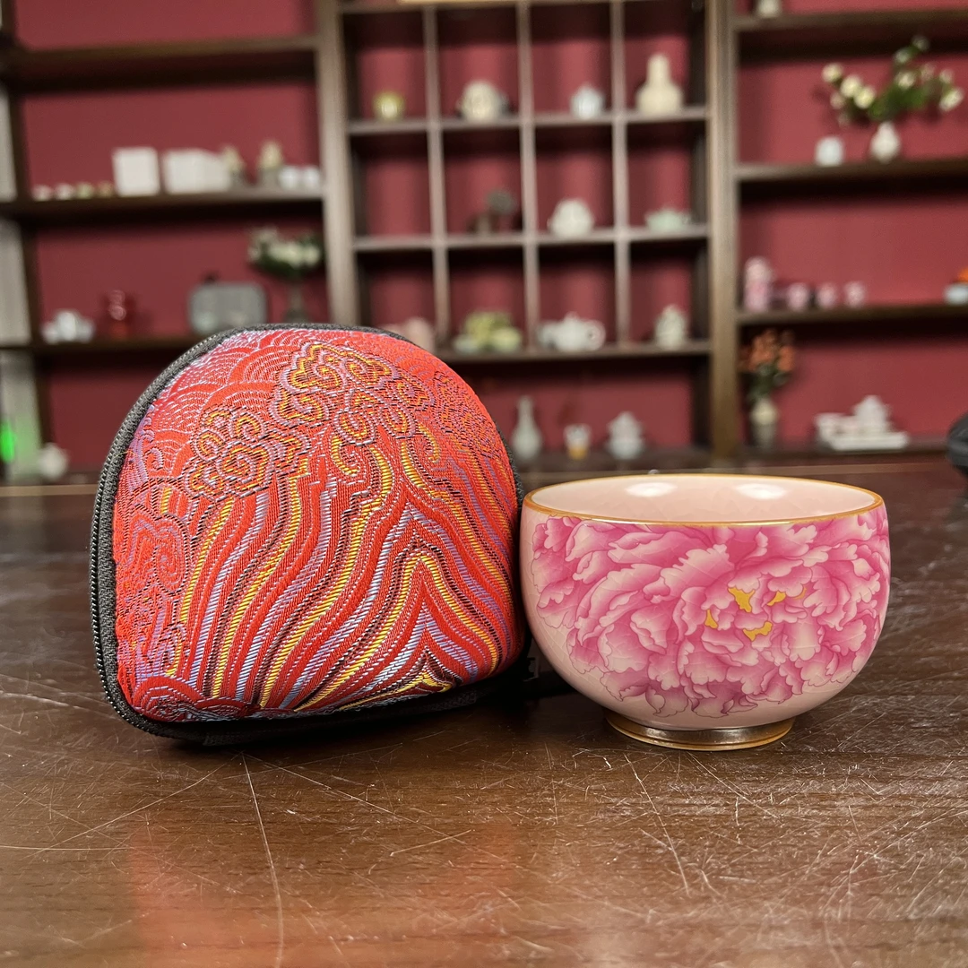 亦言堂牡丹主人杯手绘带红色刺绣收纳包大容量