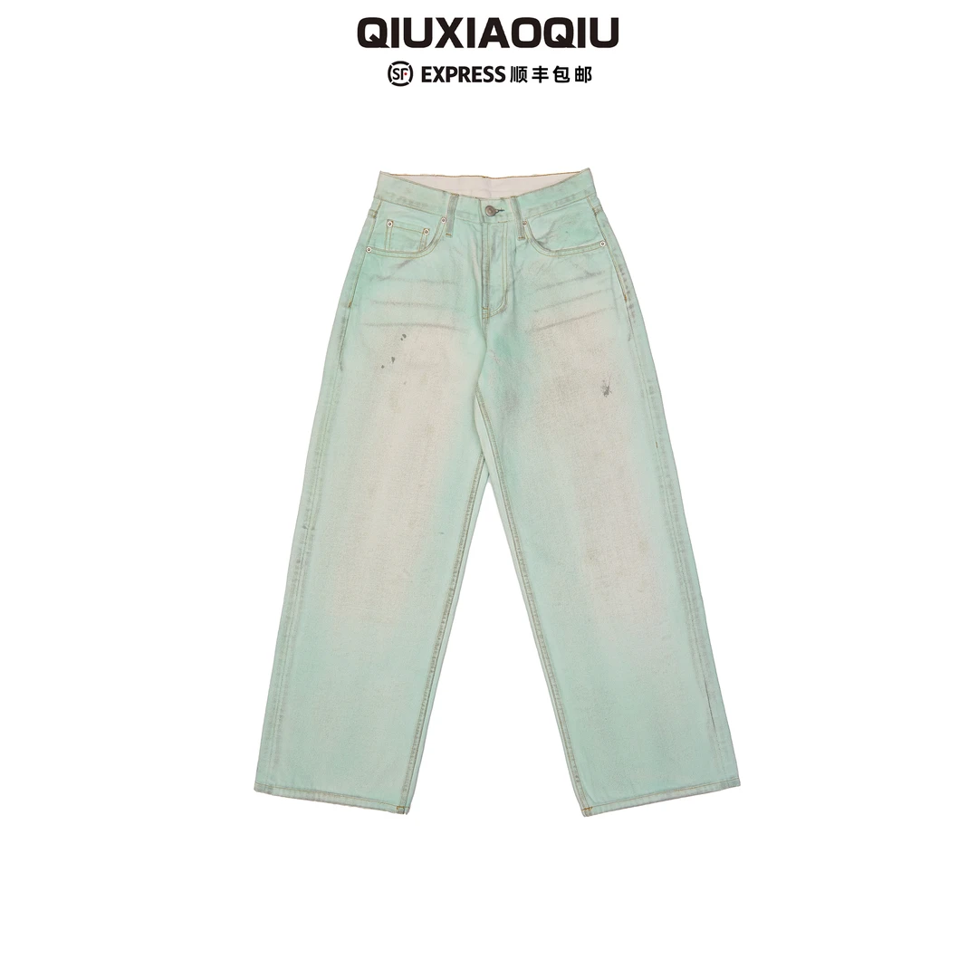 【Qiuxiaoqiu】AC做脏白牛夜光涂层水洗做旧宽松直筒变色牛仔裤男潮