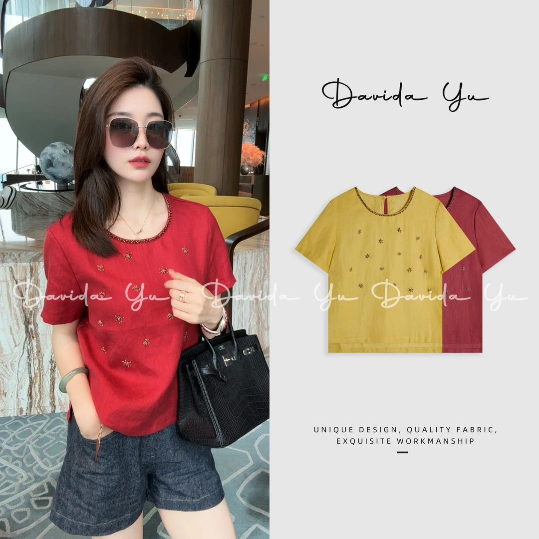 Davida Yu【珊瑚】莱赛尔+亚麻 纯手工制作每一朵花短袖上衣W51081
