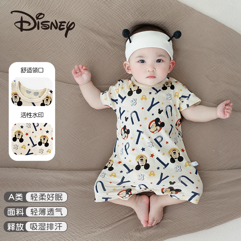 迪士尼100%纯棉婴儿哈衣短袖夏季巨柔软新生儿哈衣卡通爬爬服睡衣