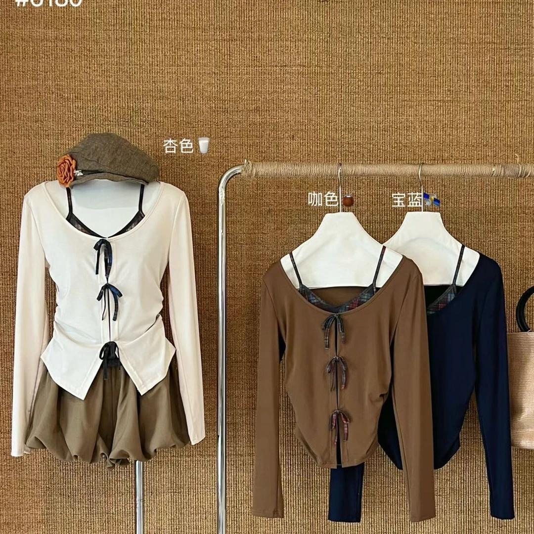 初秋女款纯欲风甜系撞色蝴蝶结假两件小衫