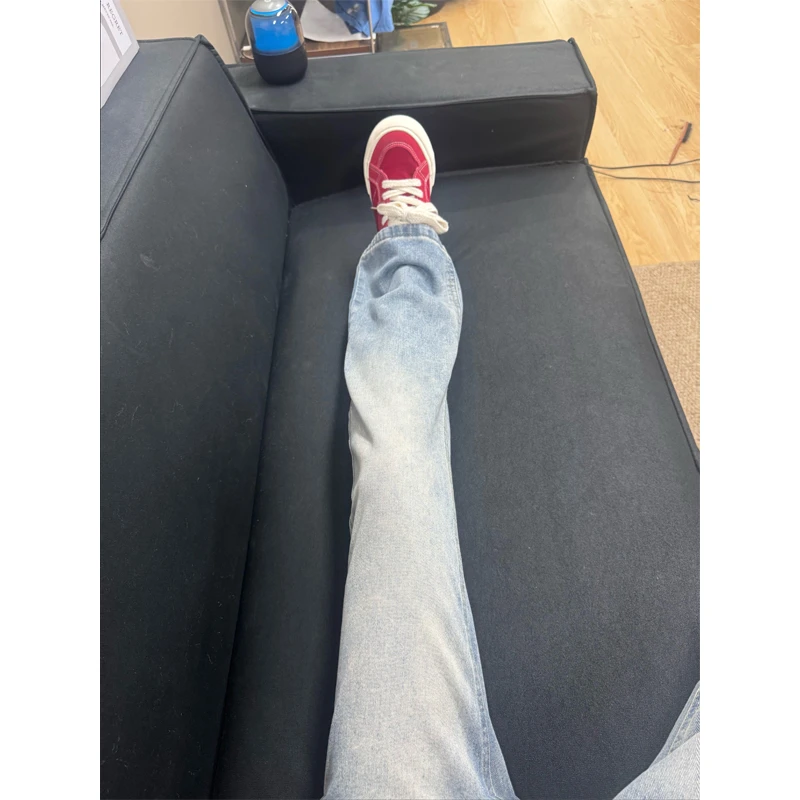 美式复古浅蓝色磨白猫须牛仔裤男款高个子加长窄版直筒显瘦微喇裤