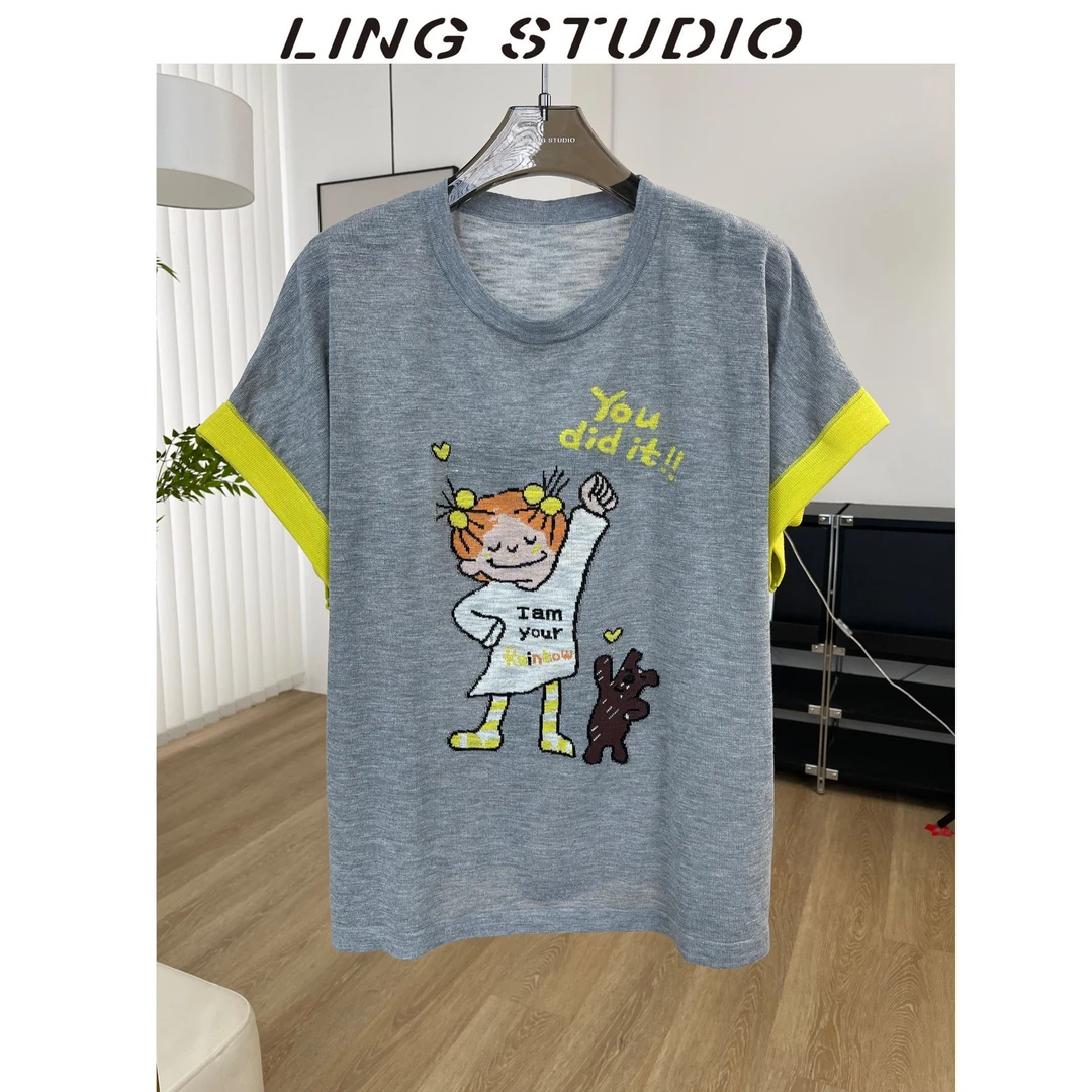 LING/STUDIO『元力满满』竹节麻 夏季休闲百搭卡通针织衫5042310