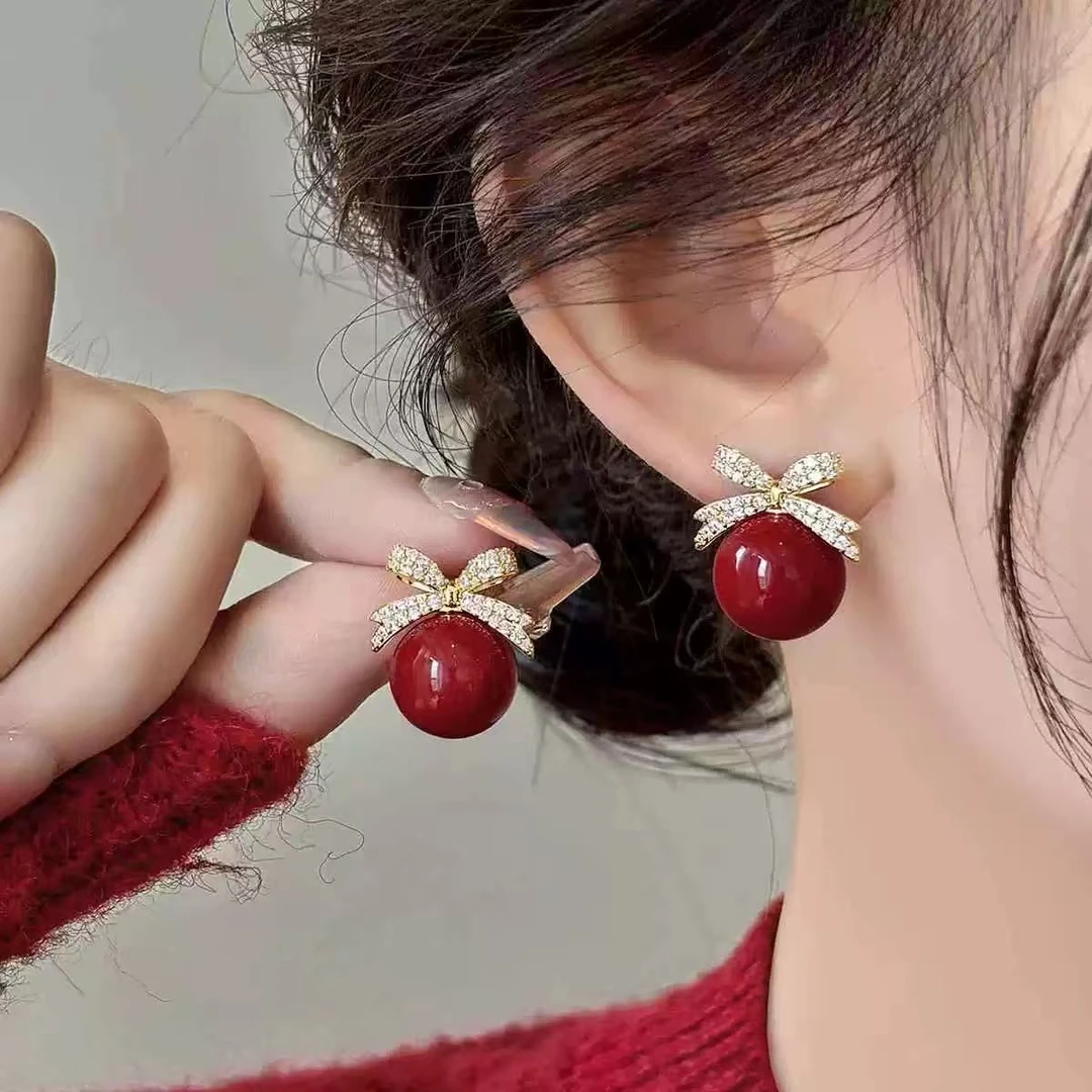 铜合金仿珍珠耳饰 气质新年氛围感喜庆红色珠珠蝴蝶结耳钉1689