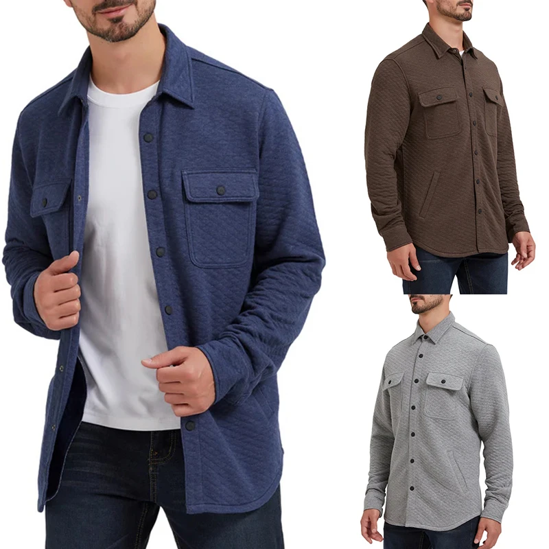 美式复古外贸男士秋冬工装多口袋绗缝提花针织菱形格磨毛衬衫夹克