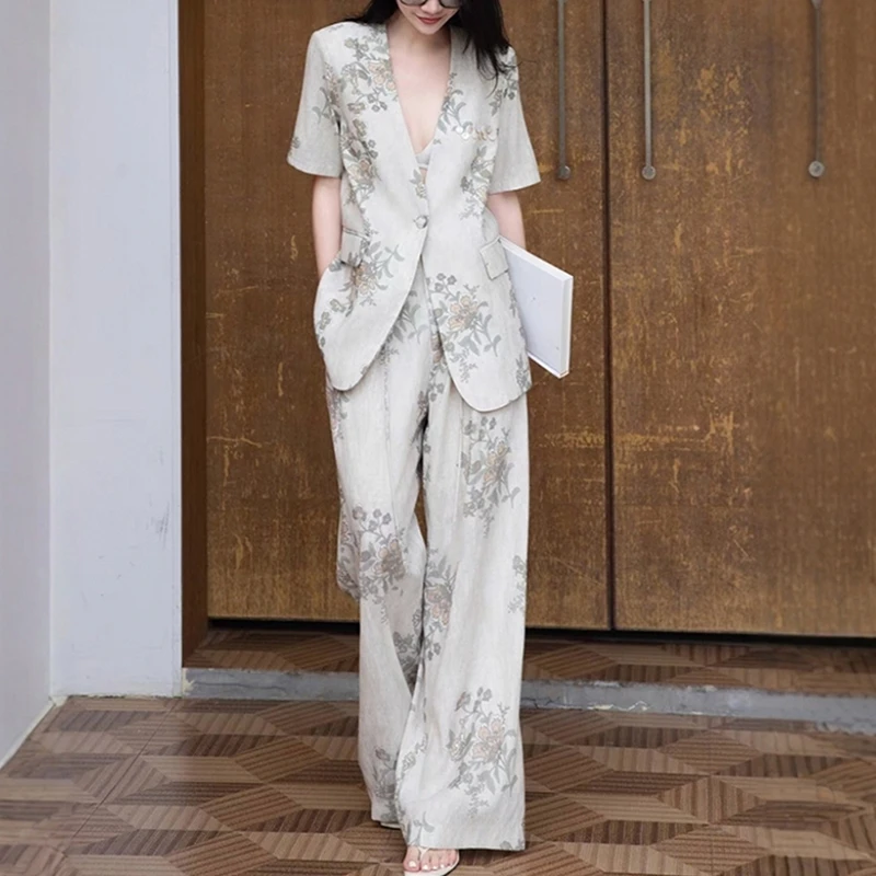 欧货设计感印花短袖西服套装女2025夏亚麻时尚气质阔腿裤两件套