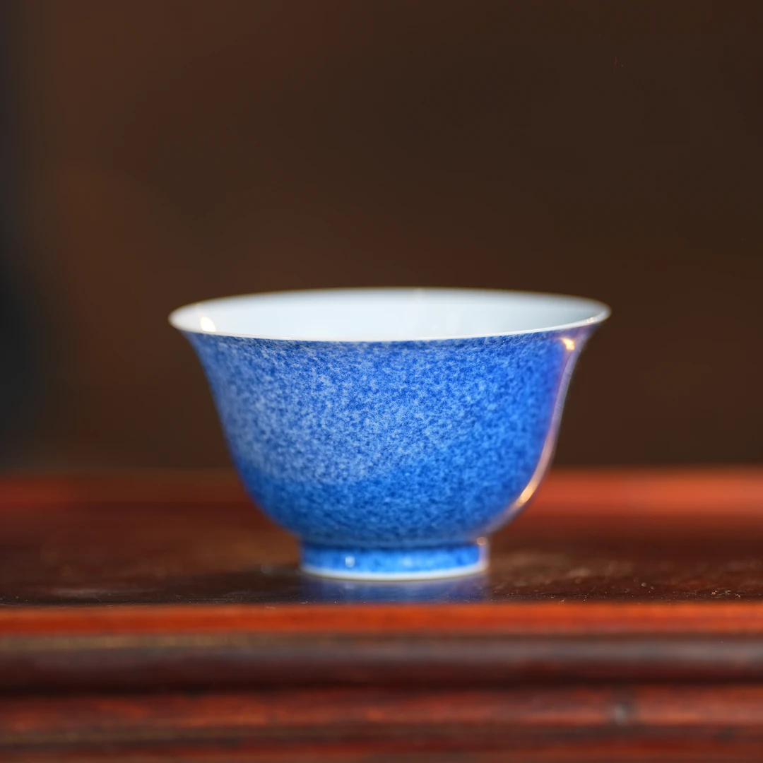 镇窑1728丨薄胎洒蓝元宝杯 70ML景德镇瓷器纯手工手绘茶杯茶具