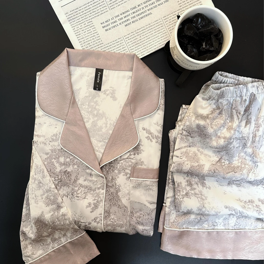 密汀巴灵睡衣女春秋季长袖长裤高级感夏天水墨国风家居服三件套装