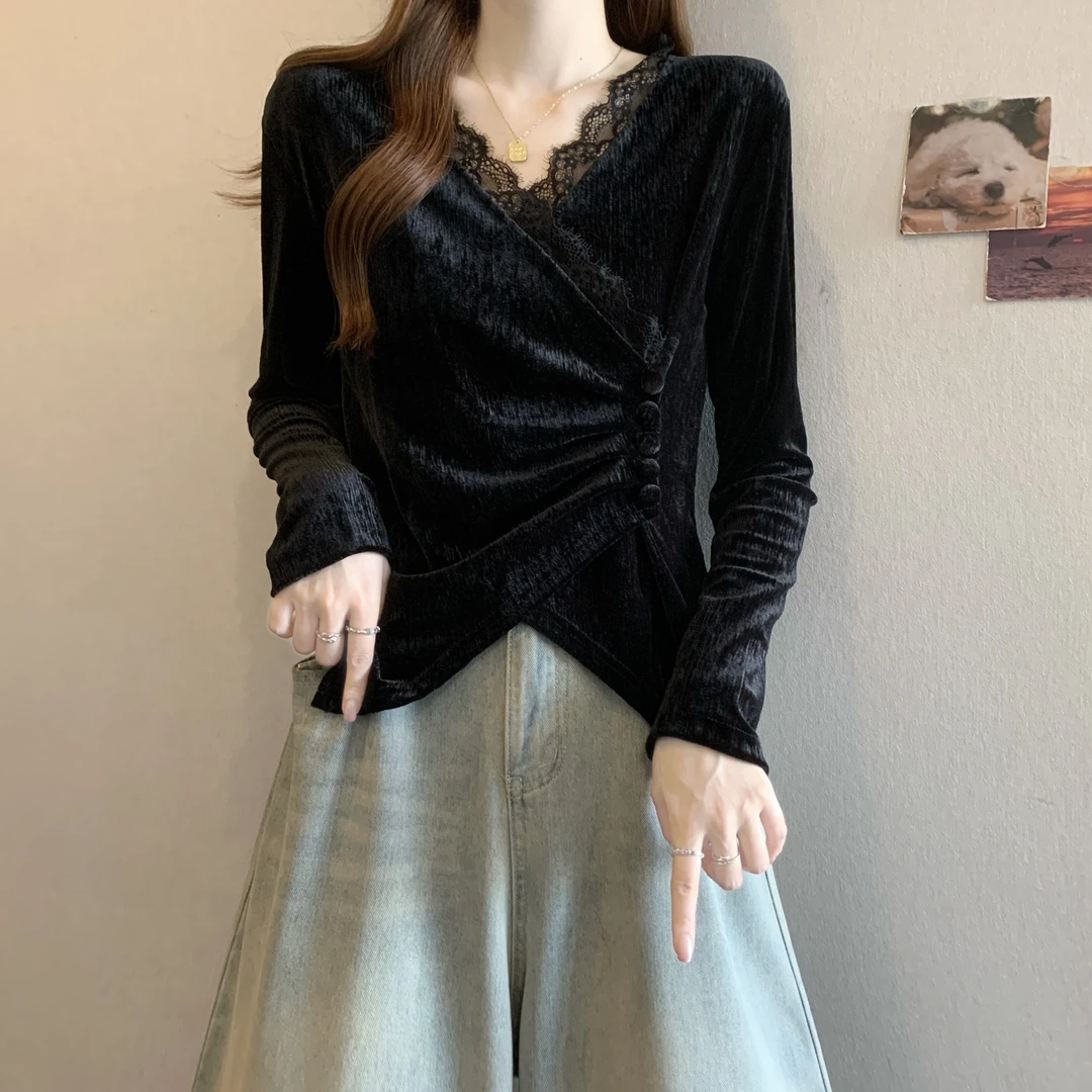 蕾丝拼接丝绒咖色长袖衬衫秋冬2025新款大码女装胖mm收腰小衫上衣