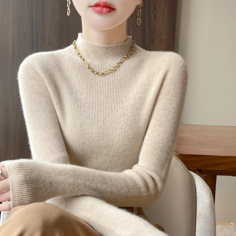 【100羊毛】一线成衣 无缝半高领加厚针织衫女毛衣套头打底衫大码