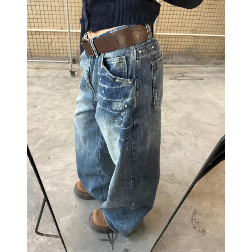 美式复古铆钉水洗闪电直筒牛仔裤女设计感做旧辣妹阔腿拖地长裤子