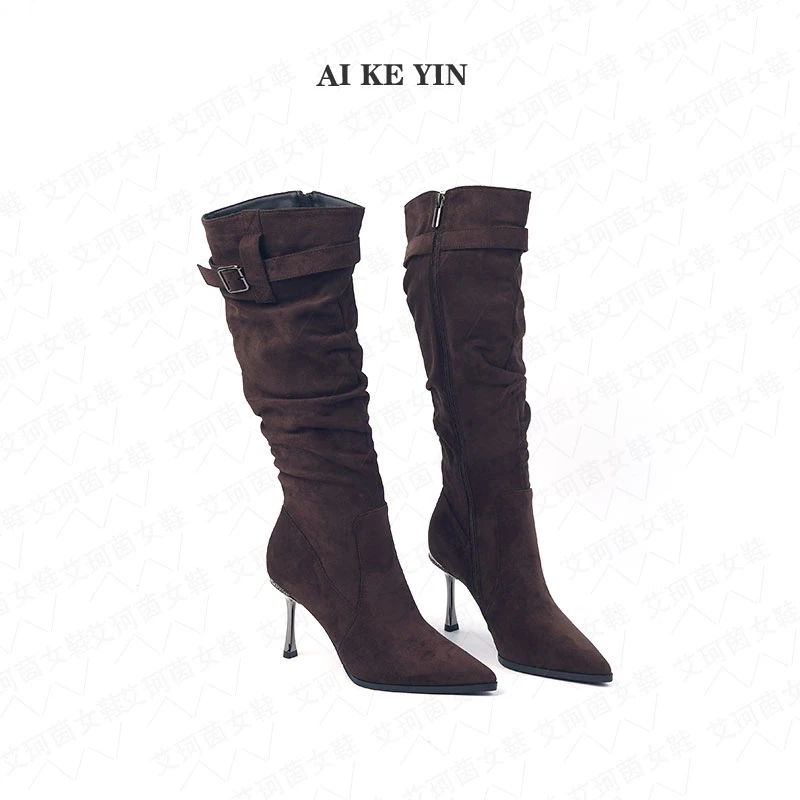 【艾珂茵】秋冬新款尖头气质细跟金属皮带扣侧拉链时装堆堆靴薄绒