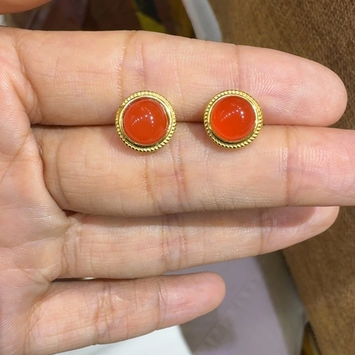 南红玛瑙银S925镀金镶嵌耳饰