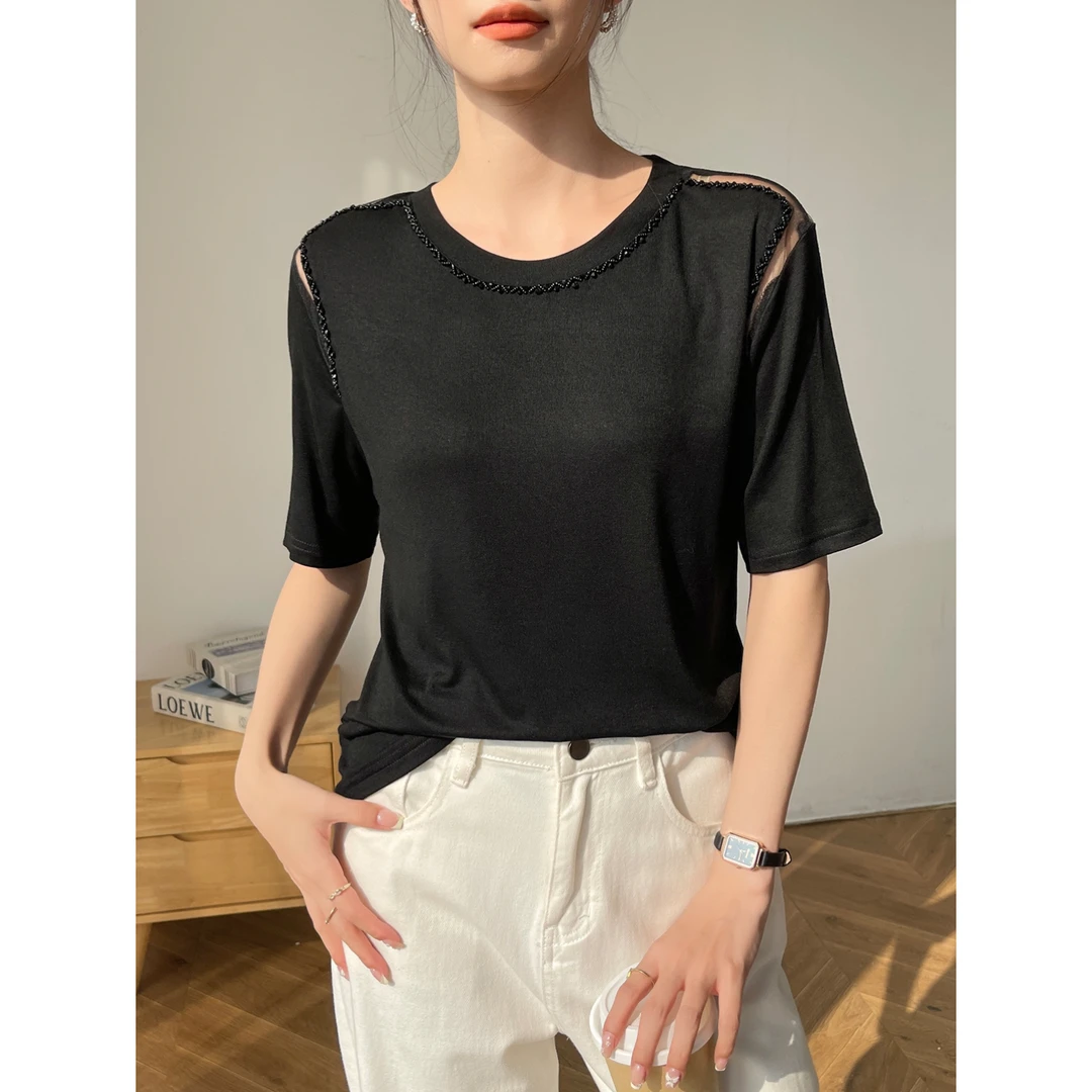 黑色镂空短袖女t恤夏季圆领打底内搭设计感韩系休闲上衣2025新款